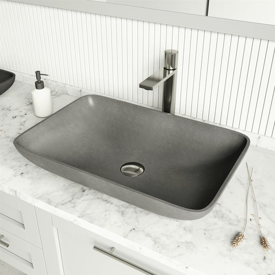 Concreto Stone 22 in. Rectangular Vessel Bathroom Sink in Gray with Gotham Faucet and Pop-Up Drain in Brushed Nickel