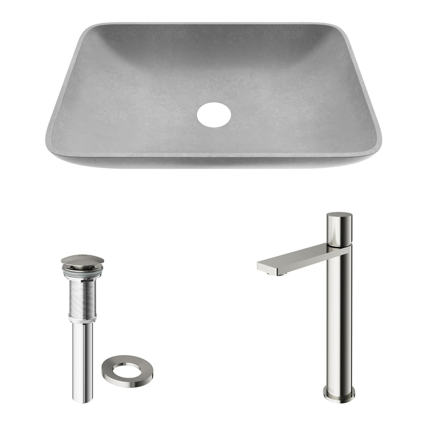 Concreto Stone 22 in. Rectangular Vessel Bathroom Sink in Gray with Gotham Faucet and Pop-Up Drain in Brushed Nickel