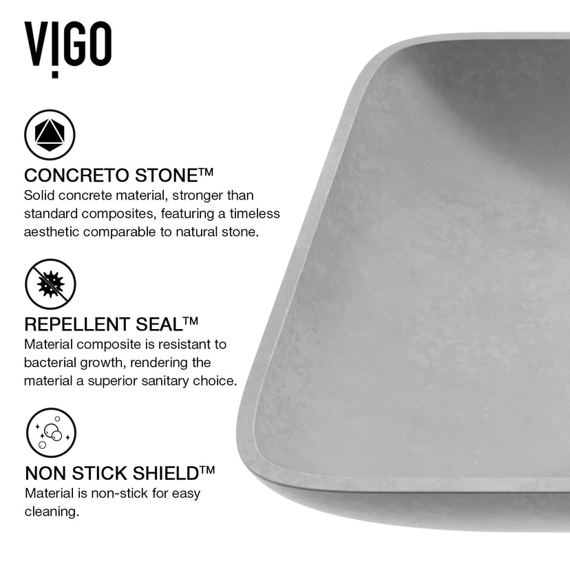 Concreto Stone 22 in. Rectangular Vessel Bathroom Sink in Gray with Gotham Faucet and Pop-Up Drain in Brushed Nickel