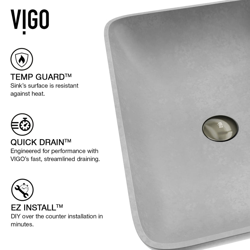Concreto Stone 22 in. Rectangular Vessel Bathroom Sink in Gray with Gotham Faucet and Pop-Up Drain in Brushed Nickel