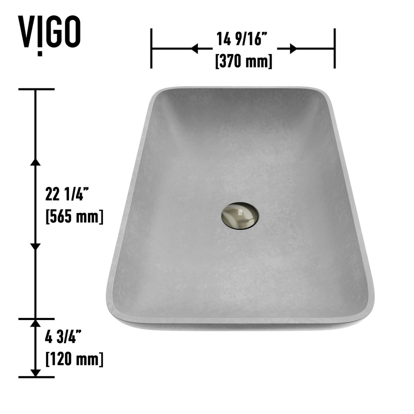 Concreto Stone 22 in. Rectangular Vessel Bathroom Sink in Gray with Gotham Faucet and Pop-Up Drain in Brushed Nickel