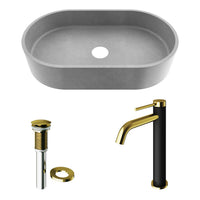 Concreto Stone 24 in. Concrete Oval Vessel Bathroom Sink in Gray with Lexington Faucet and Pop-Up Drain in Matte Gold