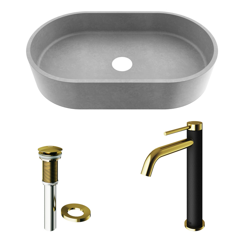 Concreto Stone 24 in. Concrete Oval Vessel Bathroom Sink in Gray with Lexington Faucet and Pop-Up Drain in Matte Gold