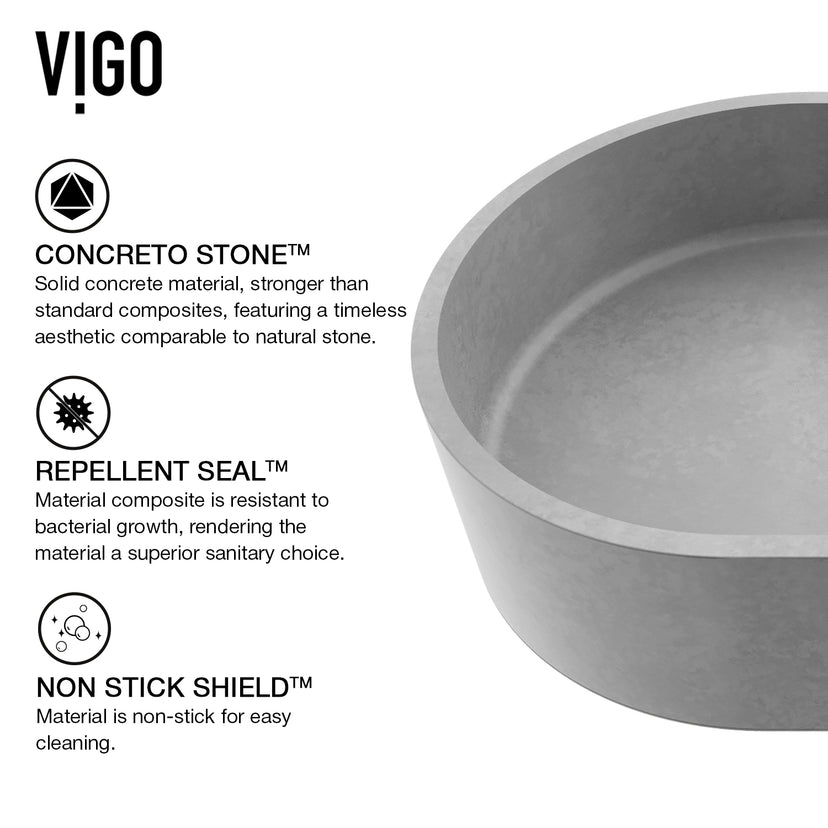 Concreto Stone 24 in. Concrete Oval Vessel Bathroom Sink in Gray with Lexington Faucet and Pop-Up Drain in Matte Gold