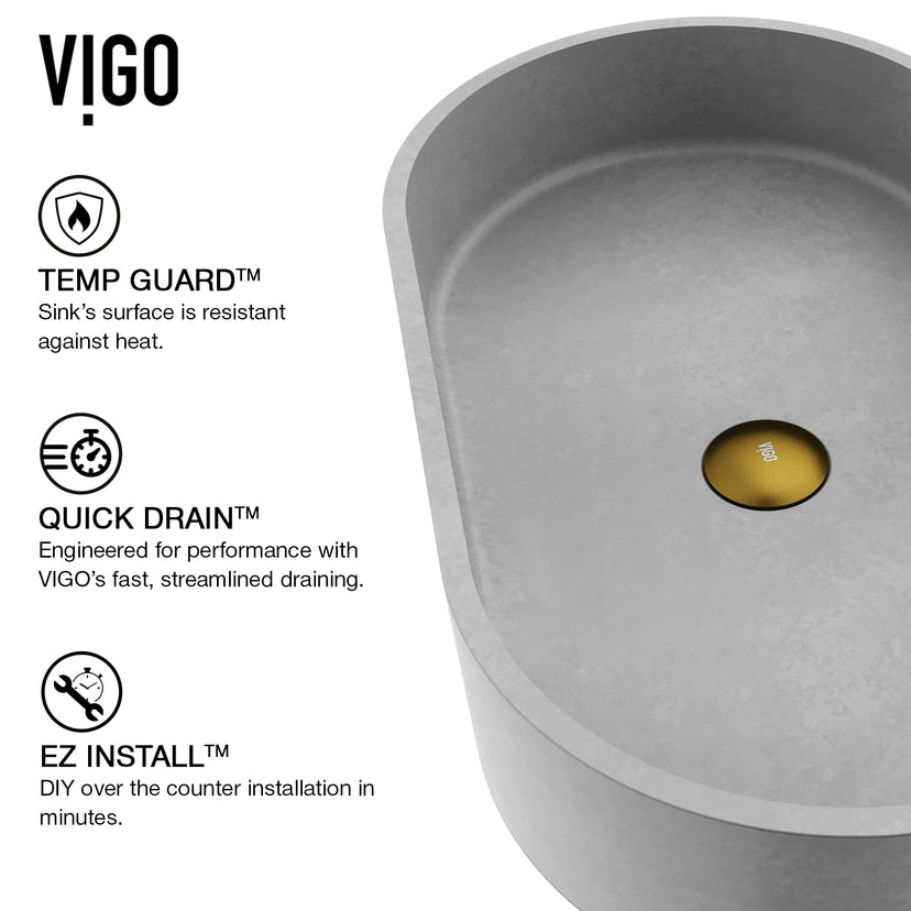 Concreto Stone 24 in. Concrete Oval Vessel Bathroom Sink in Gray with Lexington Faucet and Pop-Up Drain in Matte Gold