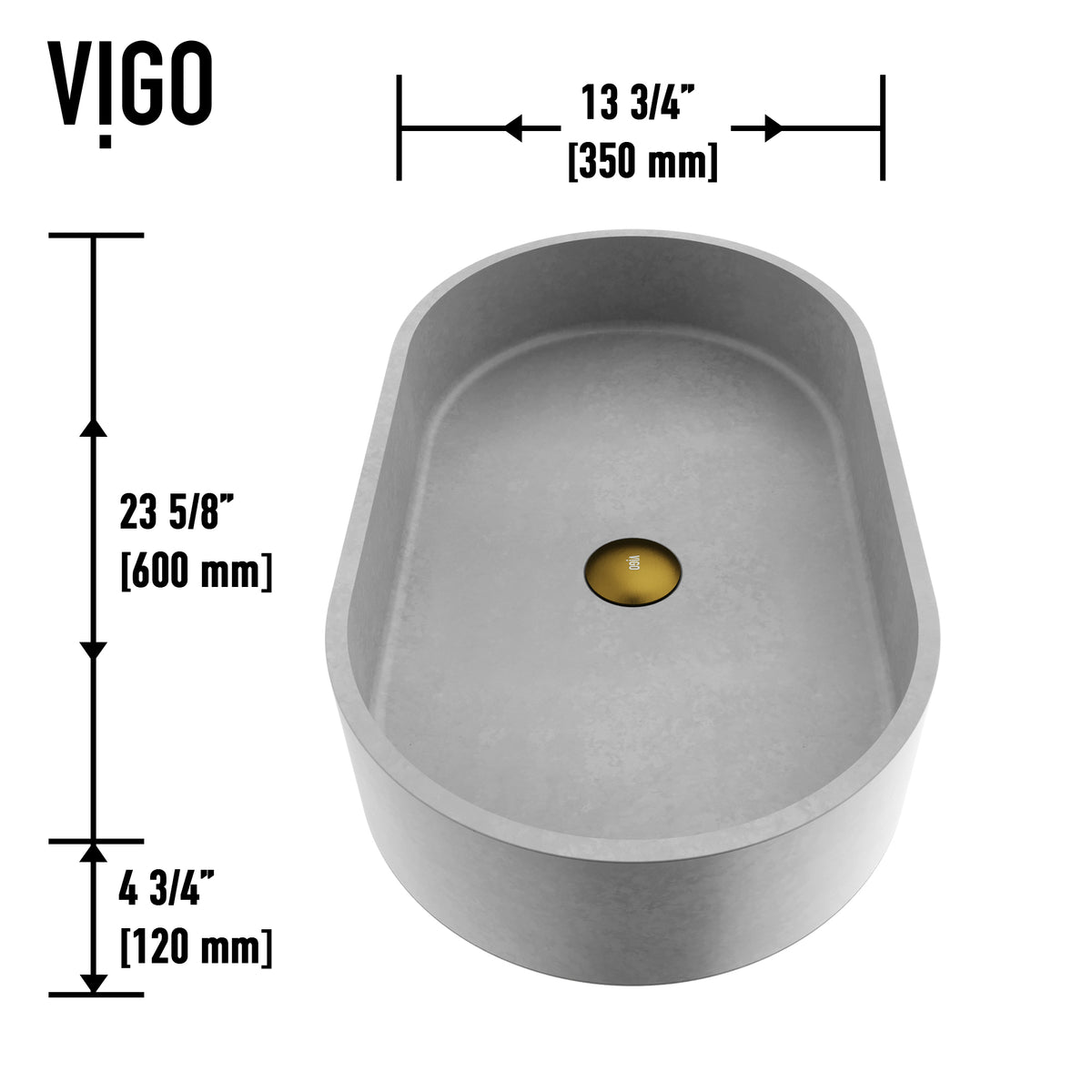 Concreto Stone 24 in. Concrete Oval Vessel Bathroom Sink in Gray with Lexington Faucet and Pop-Up Drain in Matte Gold