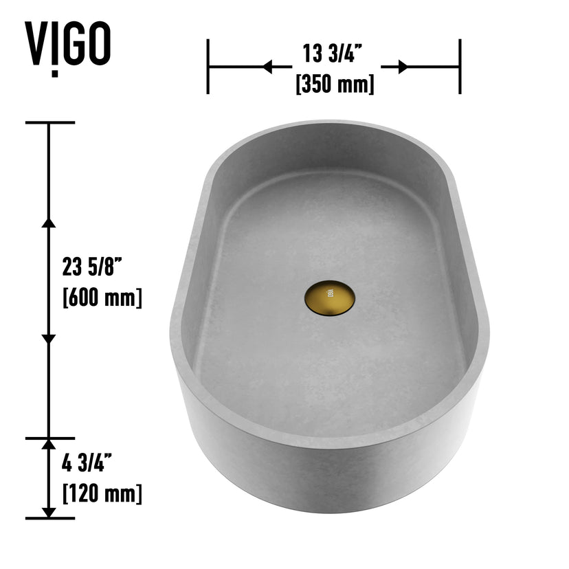Concreto Stone 24 in. Concrete Oval Vessel Bathroom Sink in Gray with Lexington Faucet and Pop-Up Drain in Matte Gold
