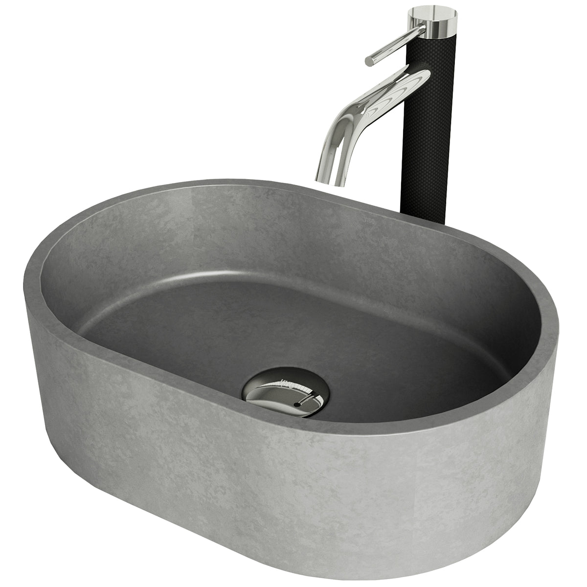 Concreto Stone 16 in. Concrete Oval Vessel Bathroom Sink in Gray with Lexington Faucet and Pop-Up Drain in Chrome