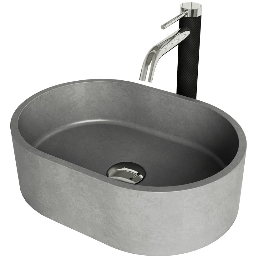 Concreto Stone 16 in. Concrete Oval Vessel Bathroom Sink in Gray with Lexington Faucet and Pop-Up Drain in Chrome