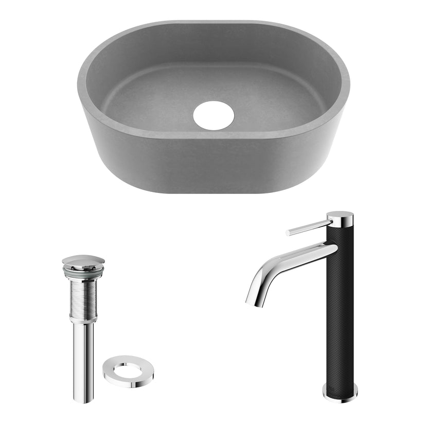 Concreto Stone 16 in. Concrete Oval Vessel Bathroom Sink in Gray with Lexington Faucet and Pop-Up Drain in Chrome