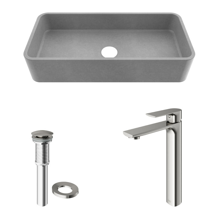 Concreto Stone 24 in. Rectangular Vessel Bathroom Sink in Gray with Norfolk Faucet and Pop-Up Drain in Brushed Nickel