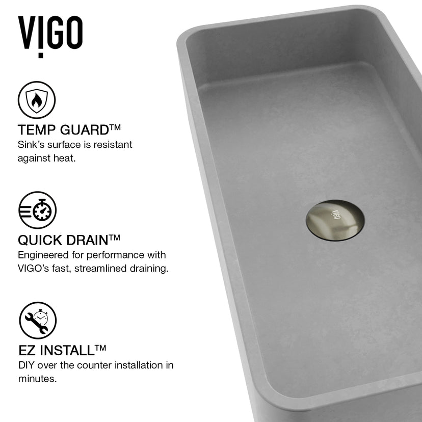 Concreto Stone 24 in. Rectangular Vessel Bathroom Sink in Gray with Norfolk Faucet and Pop-Up Drain in Brushed Nickel