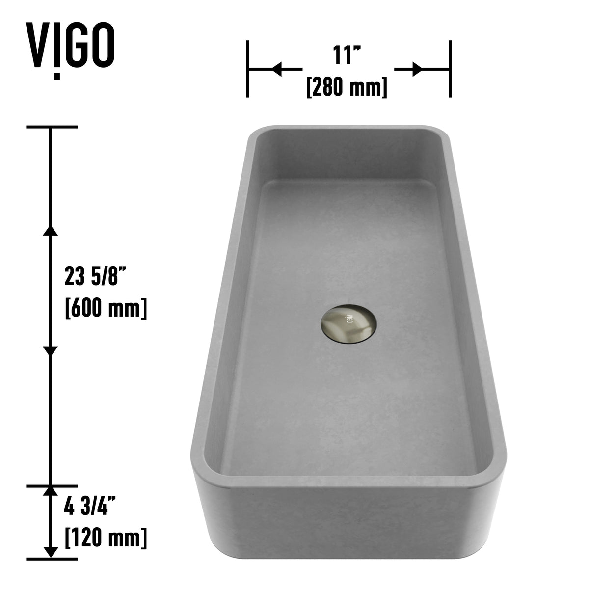 Concreto Stone 24 in. Rectangular Vessel Bathroom Sink in Gray with Norfolk Faucet and Pop-Up Drain in Brushed Nickel