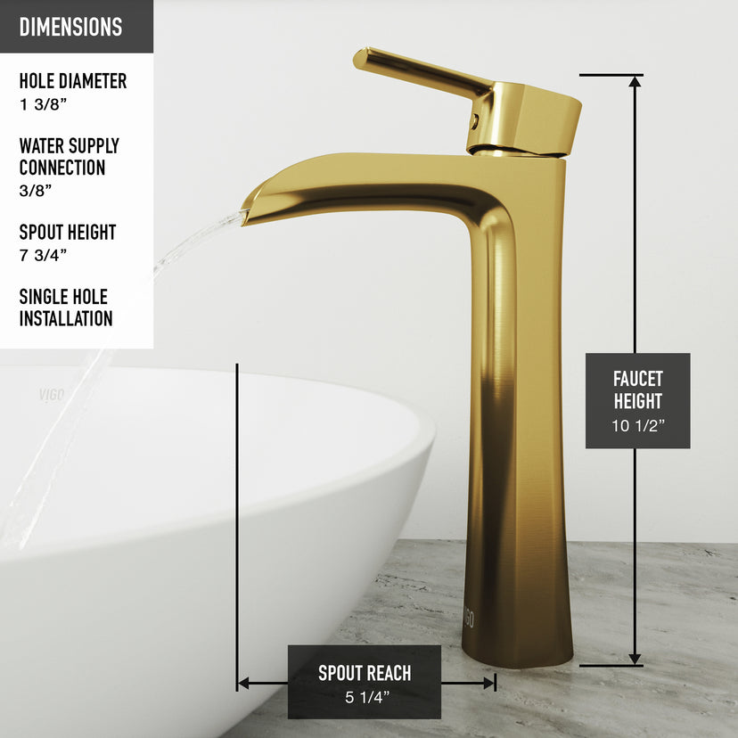 Concreto Stone Concrete Round Vessel Bathroom Sink in Gray with Niko Faucet and Pop-Up Drain in Matte Gold