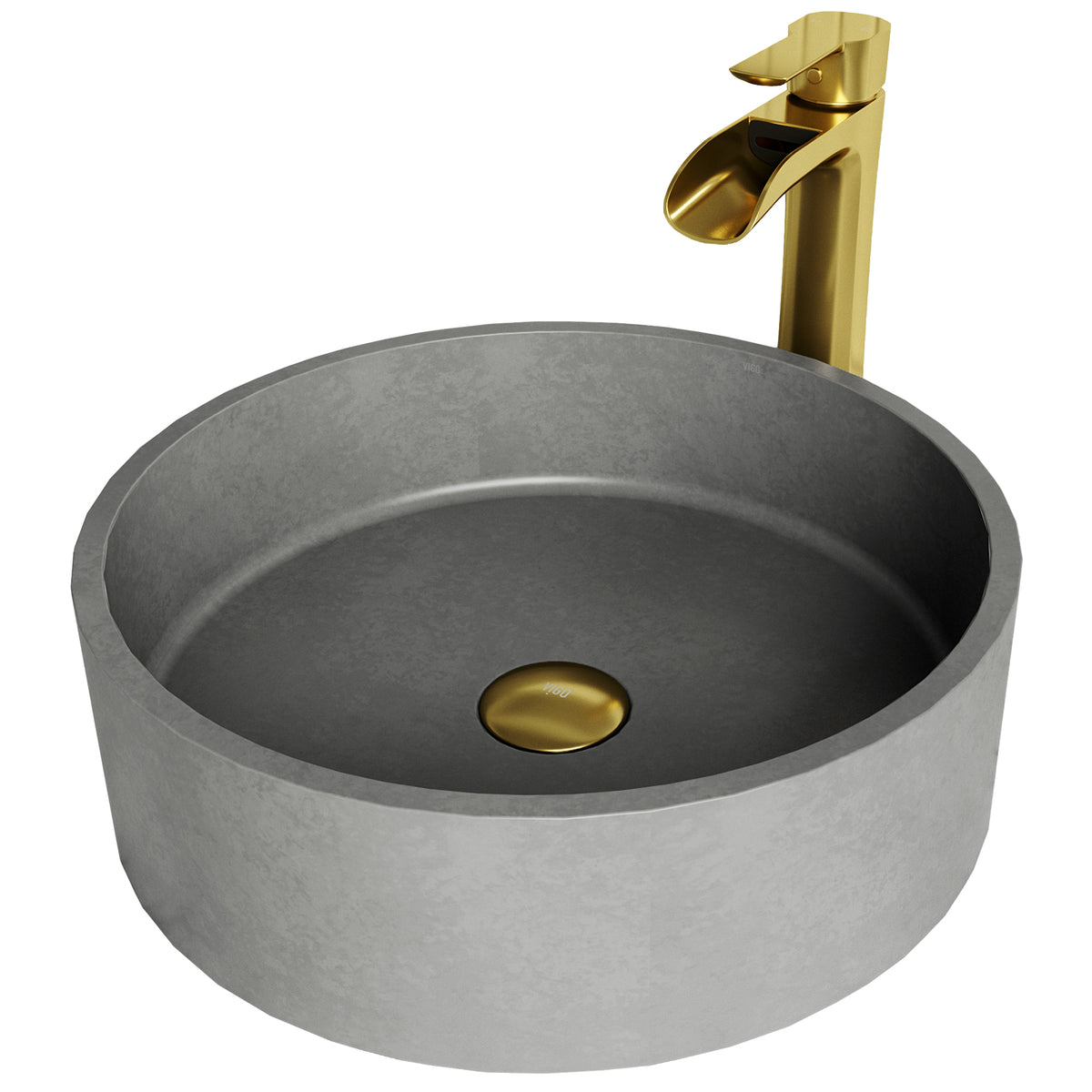 Concreto Stone Concrete Round Vessel Bathroom Sink in Gray with Niko Faucet and Pop-Up Drain in Matte Gold