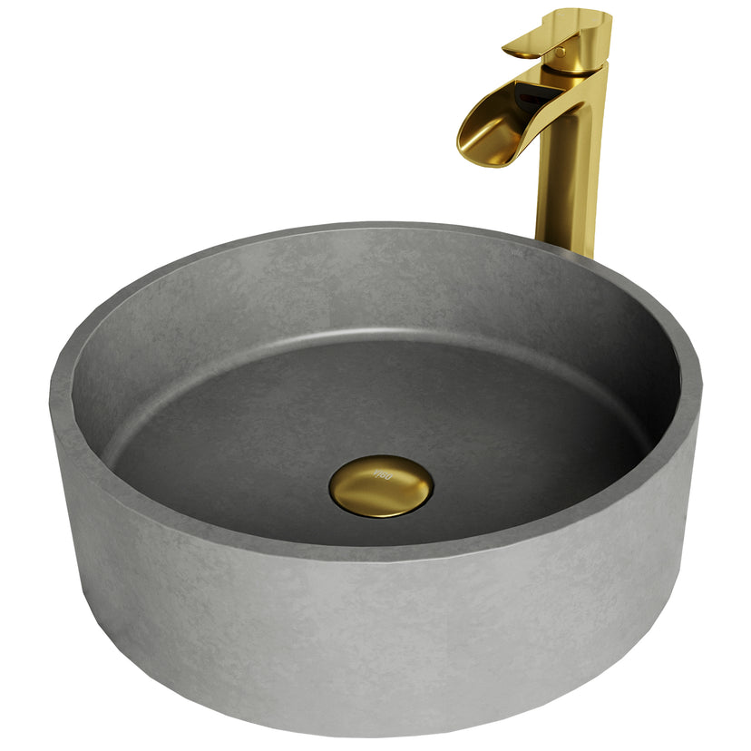 Concreto Stone Concrete Round Vessel Bathroom Sink in Gray with Niko Faucet and Pop-Up Drain in Matte Gold