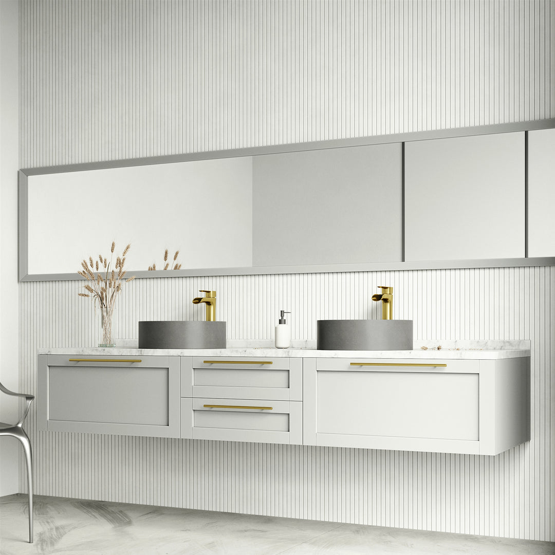 Concreto Stone Concrete Round Vessel Bathroom Sink in Gray with Niko Faucet and Pop-Up Drain in Matte Gold