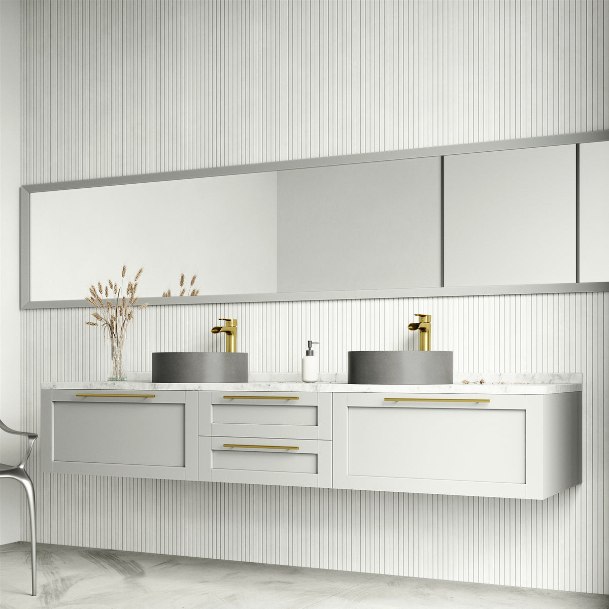 Concreto Stone Concrete Round Vessel Bathroom Sink in Gray with Niko Faucet and Pop-Up Drain in Matte Gold