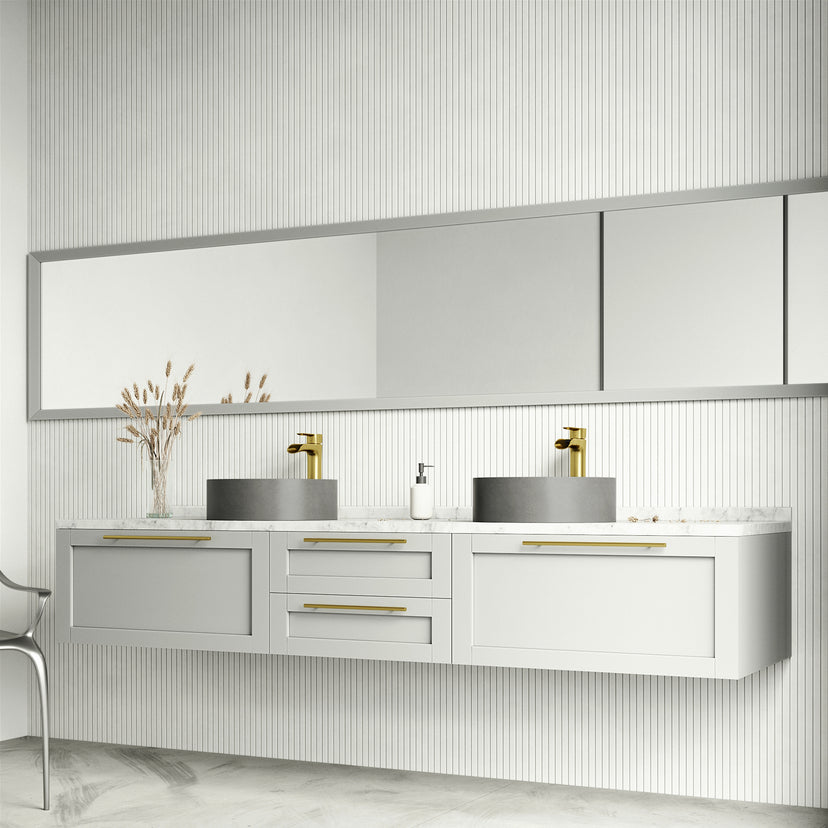 Concreto Stone Concrete Round Vessel Bathroom Sink in Gray with Niko Faucet and Pop-Up Drain in Matte Gold