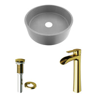 Concreto Stone Concrete Round Vessel Bathroom Sink in Gray with Niko Faucet and Pop-Up Drain in Matte Gold