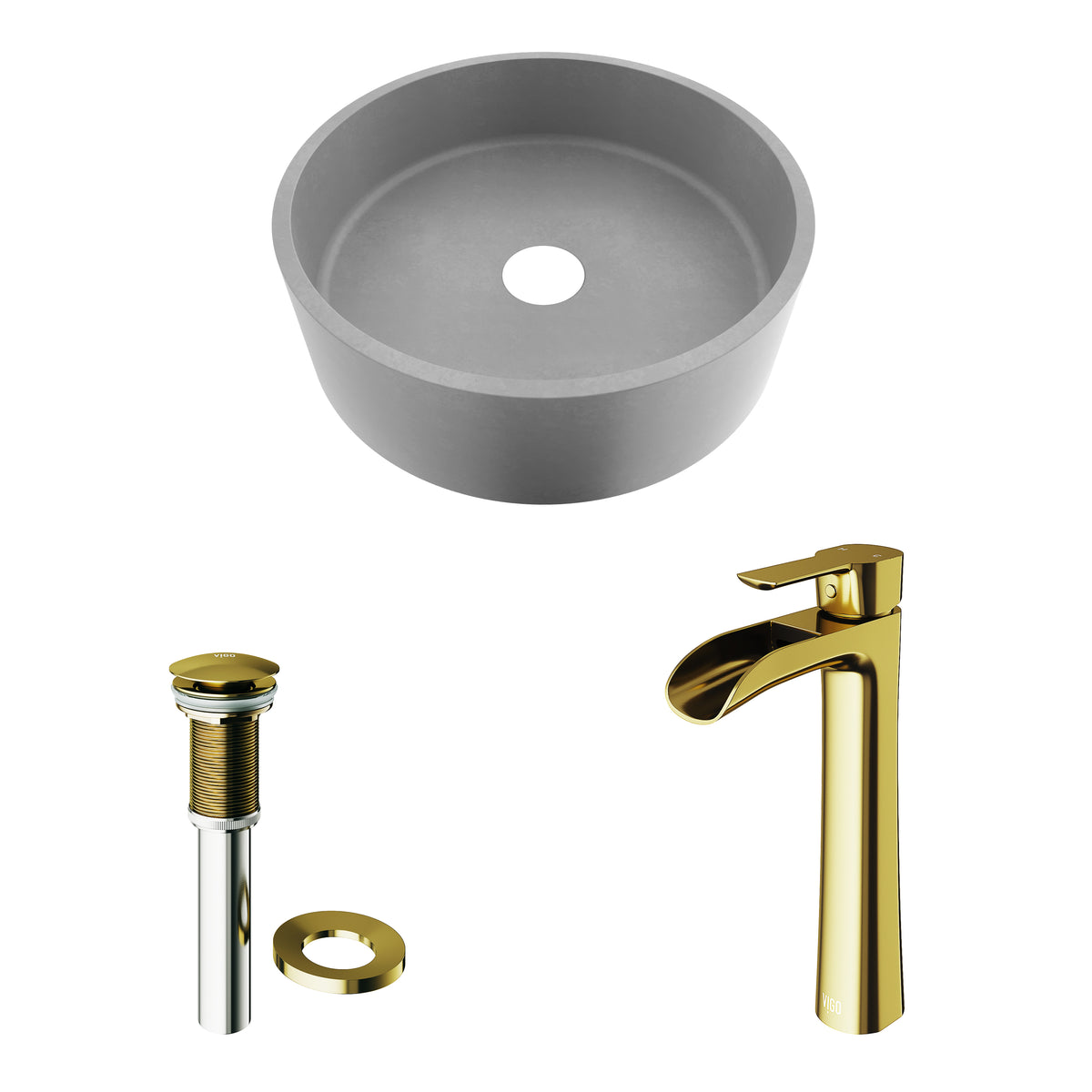 Concreto Stone Concrete Round Vessel Bathroom Sink in Gray with Niko Faucet and Pop-Up Drain in Matte Gold