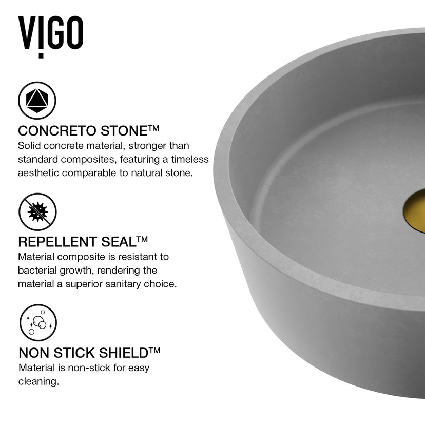 Concreto Stone Concrete Round Vessel Bathroom Sink in Gray with Niko Faucet and Pop-Up Drain in Matte Gold