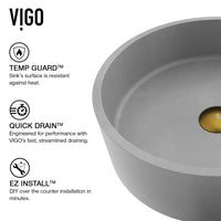 Concreto Stone Concrete Round Vessel Bathroom Sink in Gray with Niko Faucet and Pop-Up Drain in Matte Gold