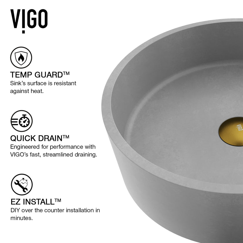 Concreto Stone Concrete Round Vessel Bathroom Sink in Gray with Niko Faucet and Pop-Up Drain in Matte Gold