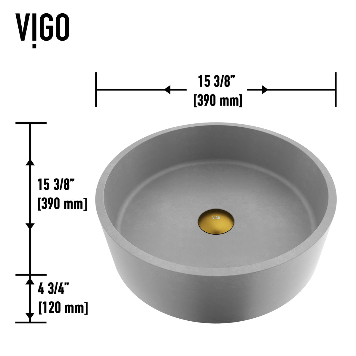 Concreto Stone Concrete Round Vessel Bathroom Sink in Gray with Niko Faucet and Pop-Up Drain in Matte Gold