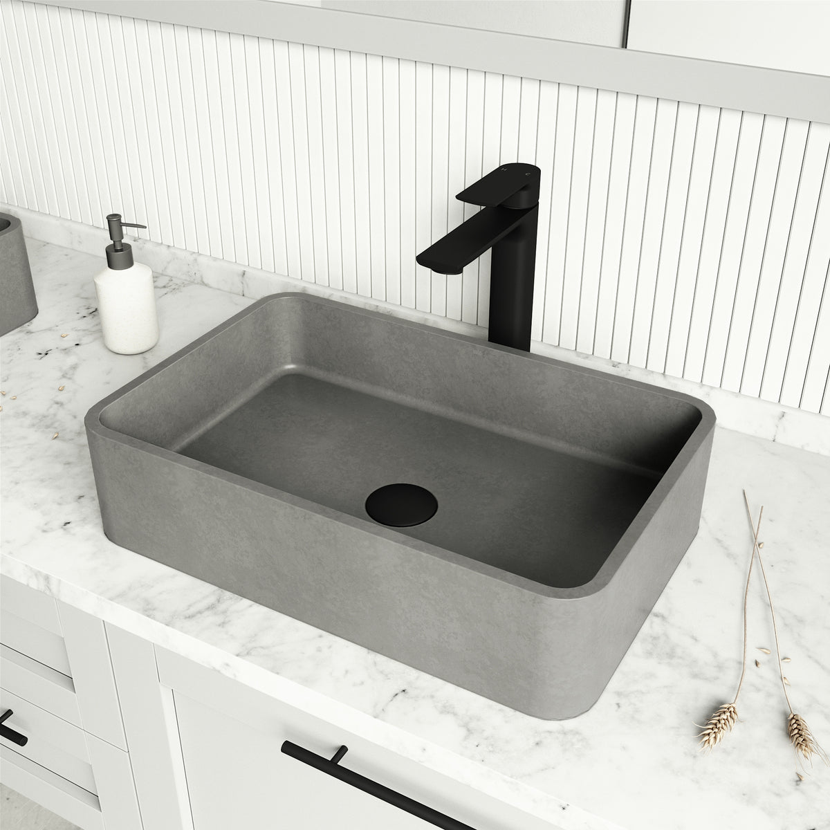 Concreto Stone 20 in. Rectangular Vessel Bathroom Sink in Gray with Norfolk Faucet and Pop-Up Drain in Matte Black