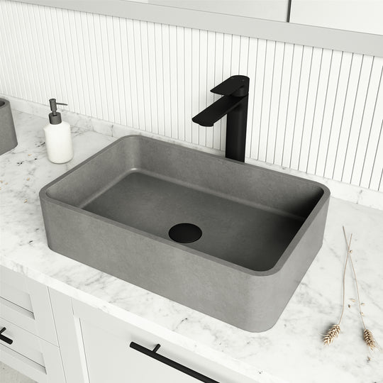 Concreto Stone 20 in. Rectangular Vessel Bathroom Sink in Gray with Norfolk Faucet and Pop-Up Drain in Matte Black