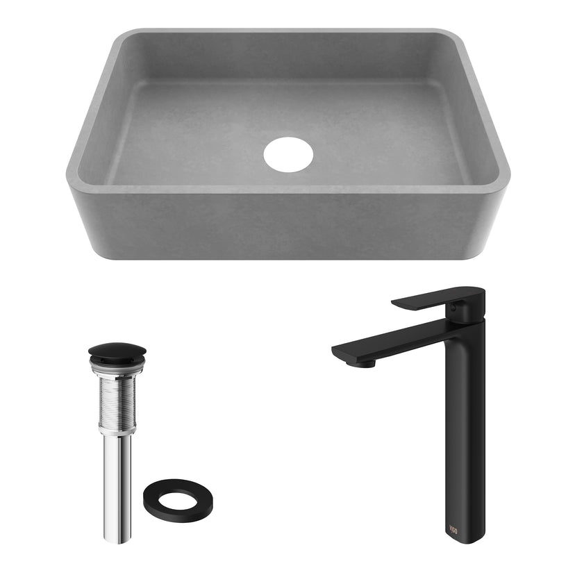 Concreto Stone 20 in. Rectangular Vessel Bathroom Sink in Gray with Norfolk Faucet and Pop-Up Drain in Matte Black