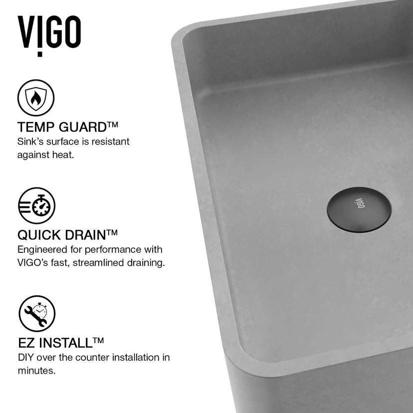 Concreto Stone 20 in. Rectangular Vessel Bathroom Sink in Gray with Norfolk Faucet and Pop-Up Drain in Matte Black