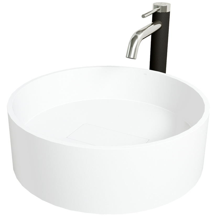 Matte Stone Bryant Composite Round Vessel Bathroom Sink in White with Lexington Faucet and Drain in Brushed Nickel