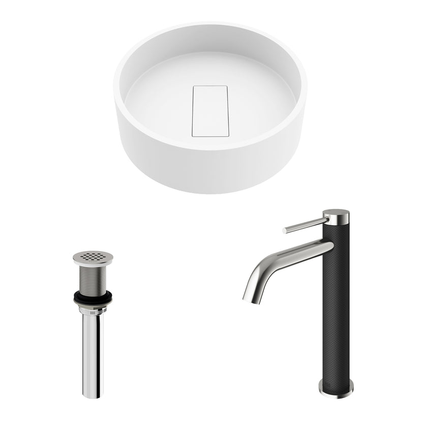 Matte Stone Bryant Composite Round Vessel Bathroom Sink in White with Lexington Faucet and Drain in Brushed Nickel