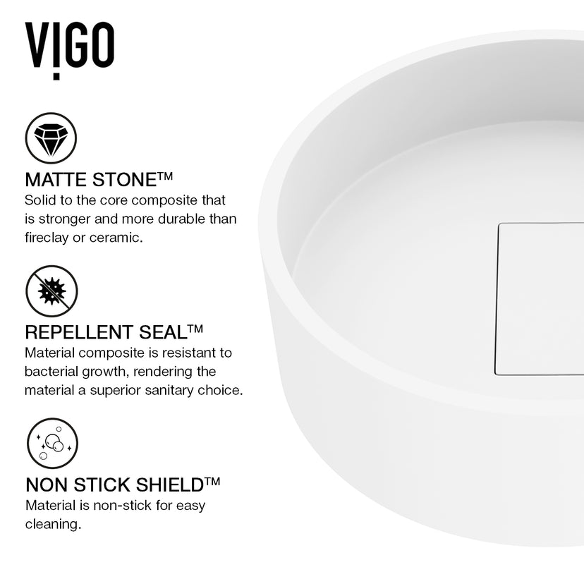 Matte Stone Bryant Composite Round Vessel Bathroom Sink in White with Lexington Faucet and Drain in Brushed Nickel