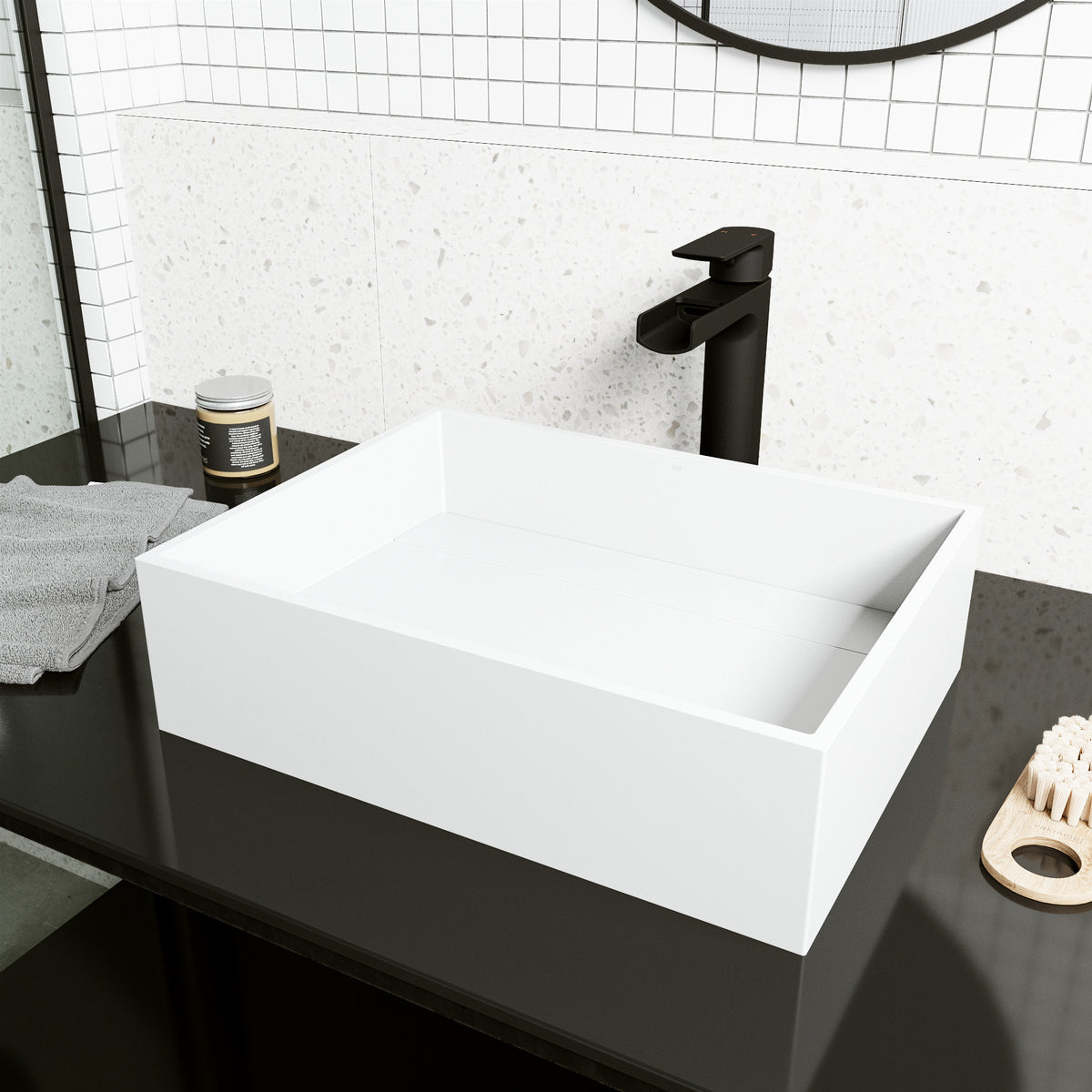 Matte Stone Montauk Composite Rectangular Vessel Bathroom Sink in White with Amada Faucet and Drain in Matte Black