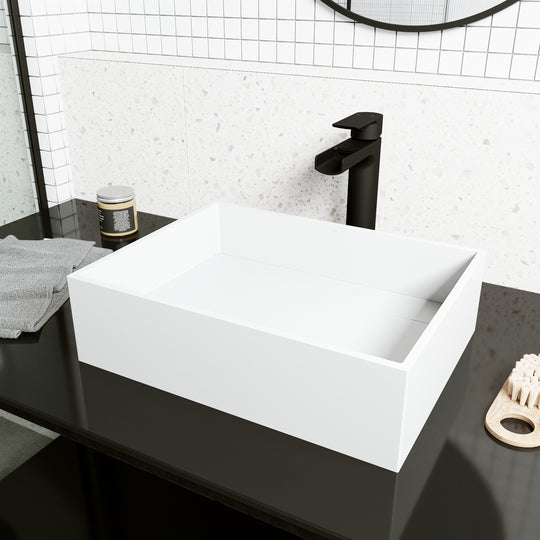 Matte Stone Montauk Composite Rectangular Vessel Bathroom Sink in White with Amada Faucet and Drain in Matte Black