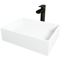 Matte Stone Montauk Composite Rectangular Vessel Bathroom Sink in White with Amada Faucet and Drain in Matte Black