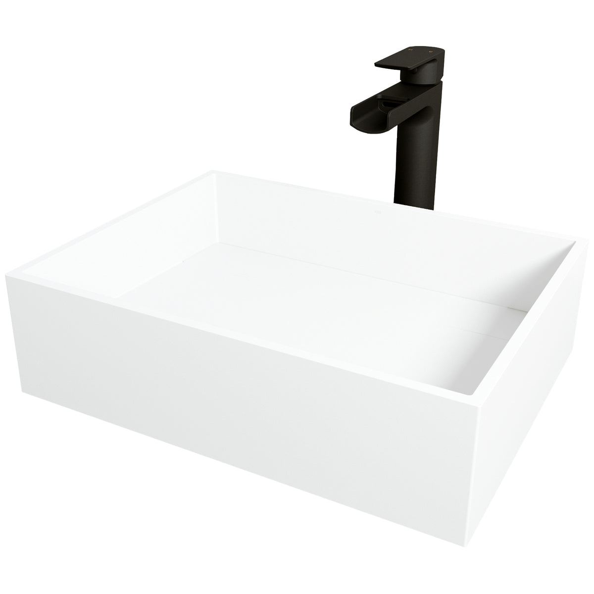 Matte Stone Montauk Composite Rectangular Vessel Bathroom Sink in White with Amada Faucet and Drain in Matte Black