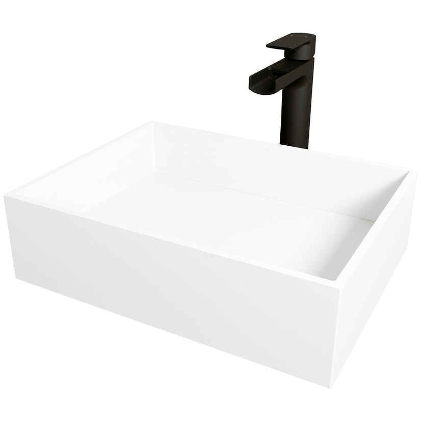 Matte Stone Montauk Composite Rectangular Vessel Bathroom Sink in White with Amada Faucet and Drain in Matte Black