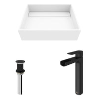 Matte Stone Montauk Composite Rectangular Vessel Bathroom Sink in White with Amada Faucet and Drain in Matte Black
