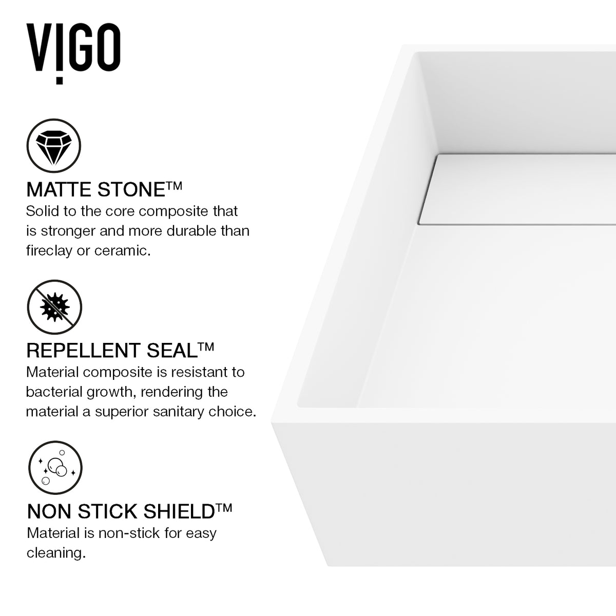 Matte Stone Montauk Composite Rectangular Vessel Bathroom Sink in White with Amada Faucet and Drain in Matte Black