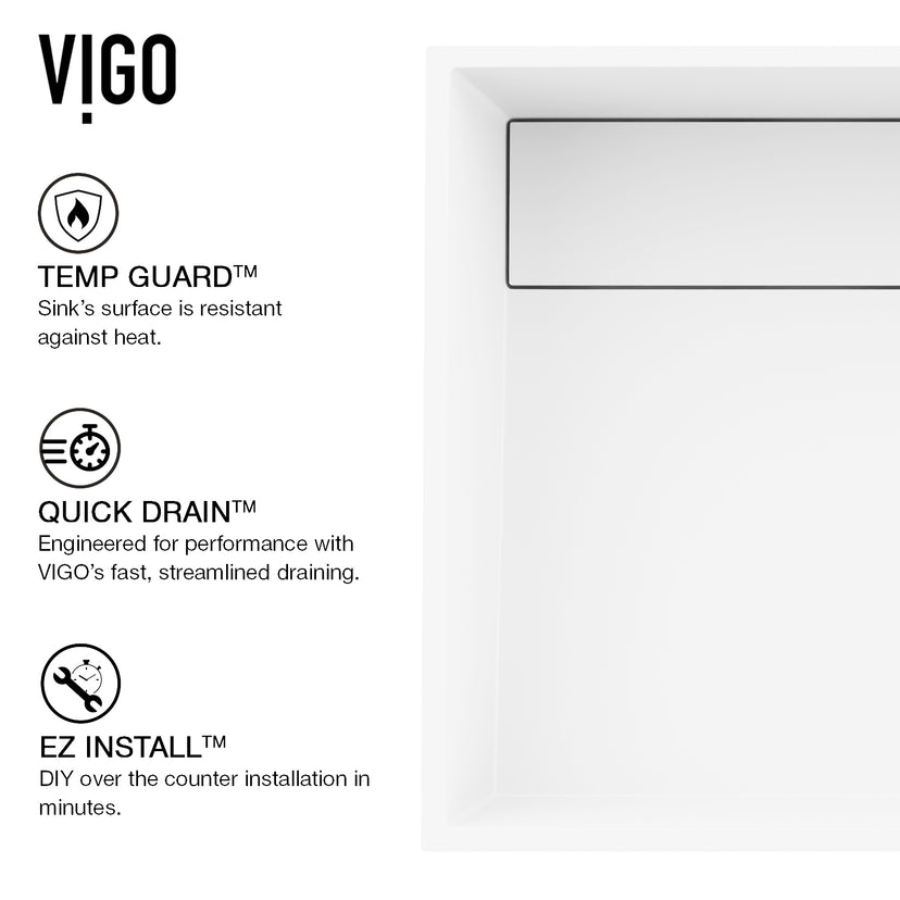 Matte Stone Montauk Composite Rectangular Vessel Bathroom Sink in White with Amada Faucet and Drain in Matte Black