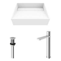 Matte Stone Starr Composite Rectangular Vessel Bathroom Sink in White with Gotham Faucet and Drain in Chrome