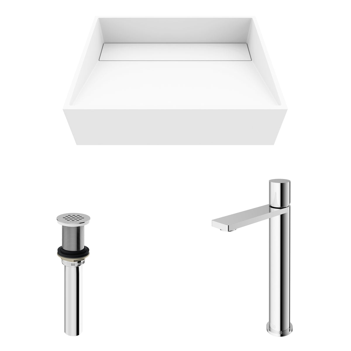 Matte Stone Starr Composite Rectangular Vessel Bathroom Sink in White with Gotham Faucet and Drain in Chrome