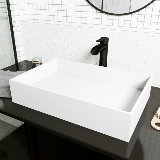 Matte Stone Montauk Composite Rectangular Vessel Bathroom Sink in White with Niko Faucet and Drain in Matte Black