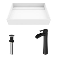 Matte Stone Montauk Composite Rectangular Vessel Bathroom Sink in White with Niko Faucet and Drain in Matte Black