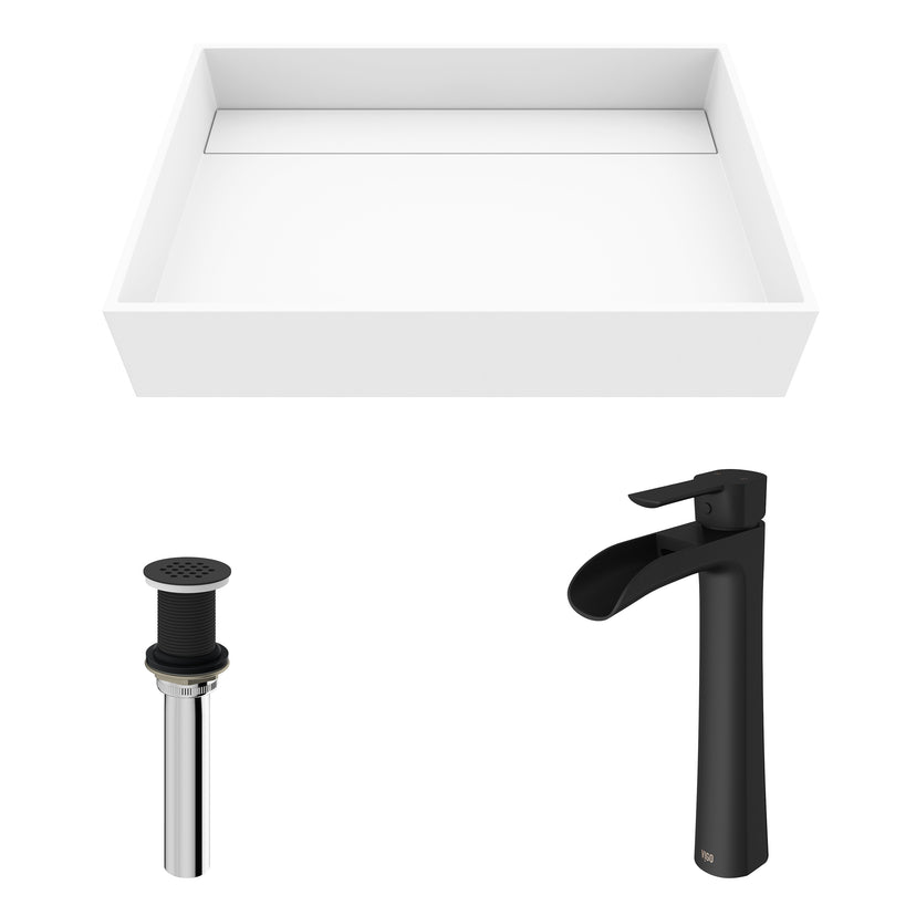 Matte Stone Montauk Composite Rectangular Vessel Bathroom Sink in White with Niko Faucet and Drain in Matte Black