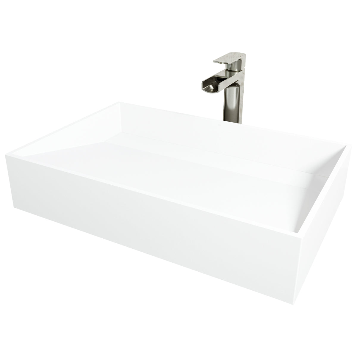 Matte Stone Starr Composite Rectangular Vessel Bathroom Sink in White with Amada Faucet and Drain in Brushed Nickel